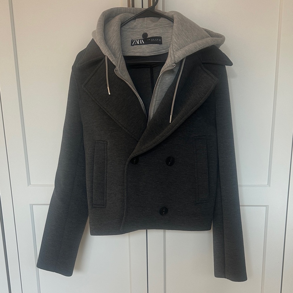 Zara Women's Gray Pea Coat with Hoodie